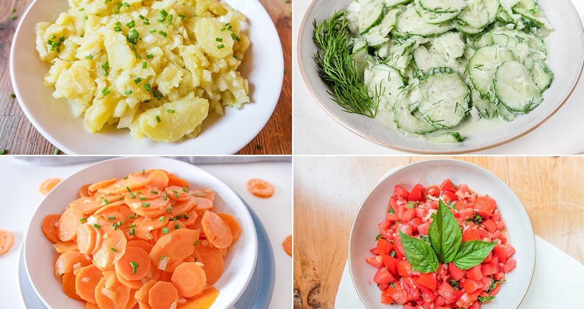 Photo Collage of carrot salad, potato salad, tomato salad and cucumber salad in bowl