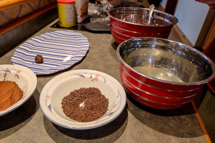 mixing bowls on counter used to make german rum balls