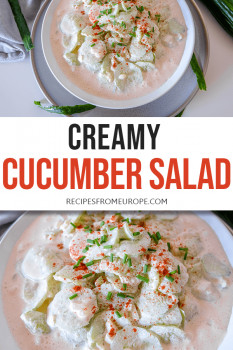 Photo collage of creamy cucumber salad in bowl with chives and paprika as garnish and text overlay saying creamy cucumber salad