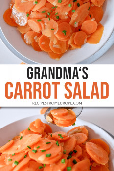 Photo collage of carrot salad in white bowl with spoon and chives as garnish and text overlay saying Grandma's carrot salad