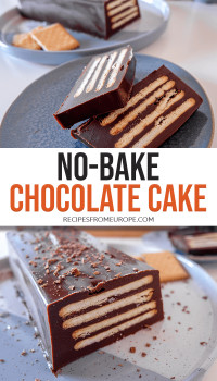 photo collage of slices of chocolate cake with butter biscuits on blue plate and text overlay saying no-bake chocolate cake