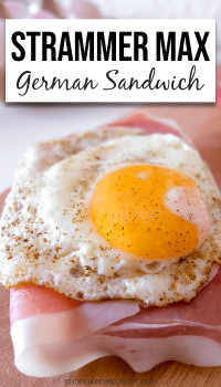 slice of bread with cured ham and sunny side up egg on top and text overlay saying strammer max German sandwich