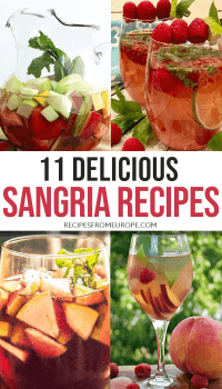 Photo collage of sangria in glasses with fruit slices and mint for garnish and text overlay saying 11 delicious sangria recipes