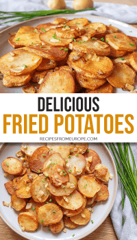 photo collage of golden-brown fried slices of potatoes with chives as garnish and text overlay saying delicious fried potatoes
