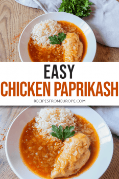Photo collage of chicken with red sauce and rice in white bowl and text overlay saying easy chicken paprikash