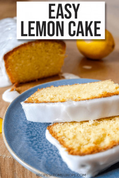 slices of lemon pound cake with white icing on blue plate with rest of cake in background and text overlay saying easy lemon cake