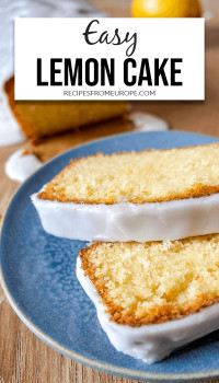 slices of lemon cake on blue plate with text overlay saying easy lemon cake