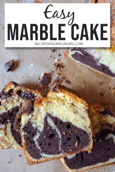 slices of vanilla and chocolate marble cake stacked with text overlay saying easy marble cake