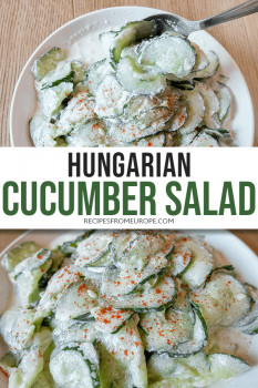 photo collage of cucumber salad with sour cream and paprika on top in white bowl and text overlay saying Hungarian cucumber salad