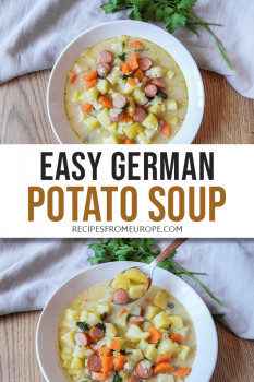 Photo Collage of two bowls of potato soup with spoon and other decorative items around and text overlay saying easy German potato soup