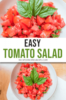 photo collage of tomato salad with basil in bowl and text overlay saying easy tomato salad