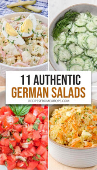photo collage of German salads including potato salad and cucumber salad with text in the middle "11 Authentic German Salads".
