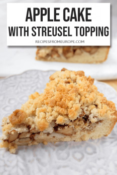 Slice of apple cake on purple plate with text overlay saying apple cake with streusel topping