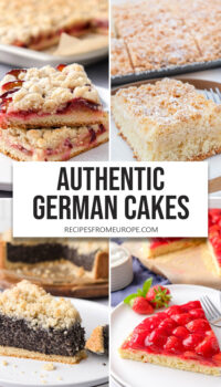 photo collage of slices of German cakes on plates with text "authentic German cakes".