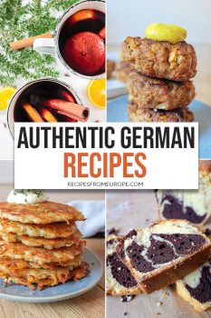 Photo Collage of different German dishes including mulled wine, meatballs, potato pancakes, and marble cake and text overlay saying authentic german recipes