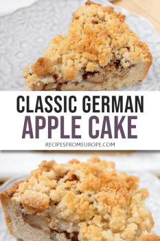Photo collage of apple cake on purple plate and text overlay saying classic German apple cake