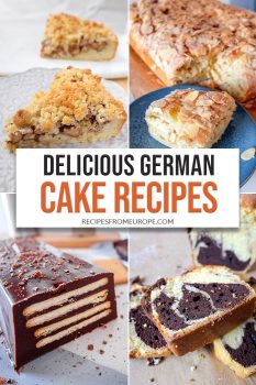 Photo collage of different slices of cakes on plate with text overlay saying delicious German cake recipes