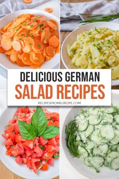 Photo Collage of carrot salad, potato salad, tomato salad and cucumber salad in bowl with text overlay saying delicious German salad recipes