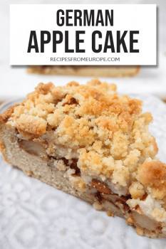 Slice of apple cake with streusel topping on purple plate and text overlay saying German apple cake