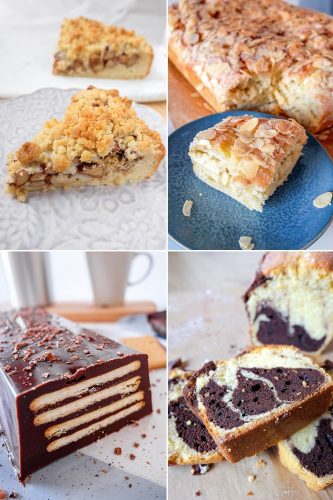 Collage of different slices of cakes on plates