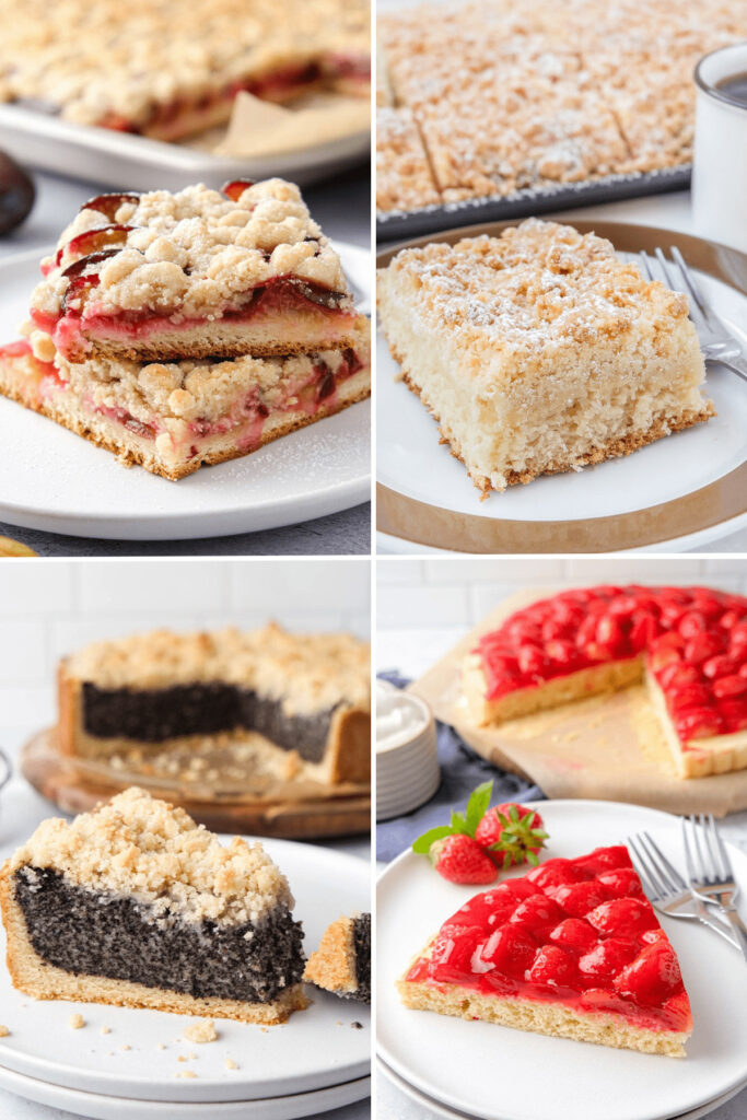 collage of four vertical photo of german cakes on plates with white lines between photos.