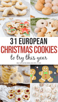 Photo Collage of European Christmas cookies on plates with text overlay saying 31 European christmas cookies to try this year