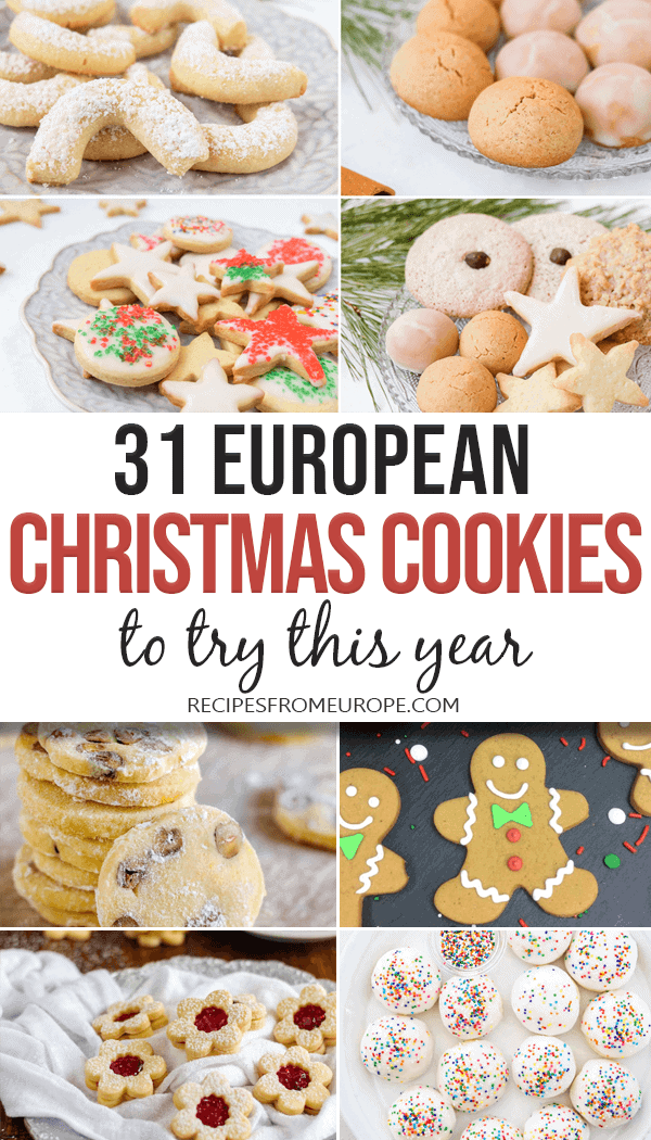 Photo Collage of European Christmas cookies with text overlay european christmas cookies.