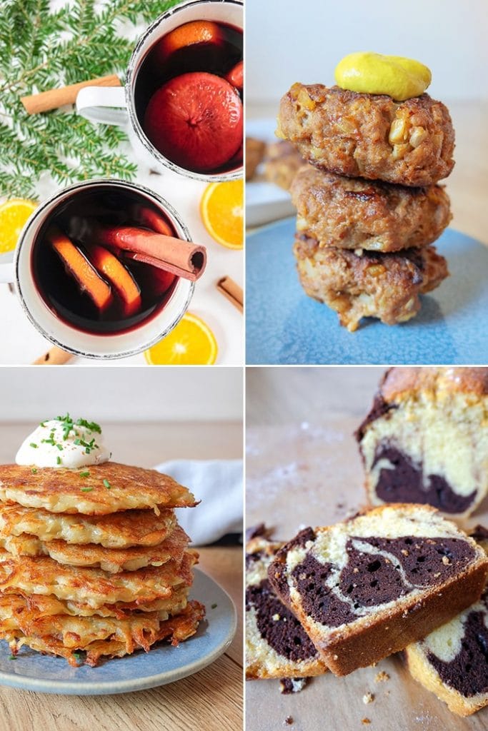 collage of multiple authentic german recipe dishes including mulled wine, meatballs, potato pancakes and marble cake
