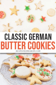 photo collage of cookies with icing and sprinkles on plate and on white surface with text overlay saying classic German butter cookies