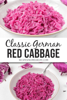 Photo collage of cooked red cabbage in bowl with text overlay saying classic German red cabbage