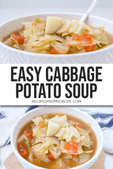 Photo collage of cabbage potato soup in white bowl with text overlay saying easy cabbage potato soup