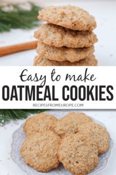 Photo collage of oatmeal cookies on plate and stacked on white surface with text overlay saying easy-to-make oatmeal cookies