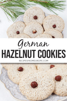 Photo collage of hazelnut cookies with hazelnut in middle on plate with text overlay saying German hazelnut cookies