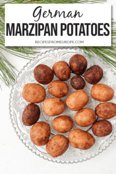 Photo of marzipan potatoes on clear plate with text overlay saying German marzipan potatoes