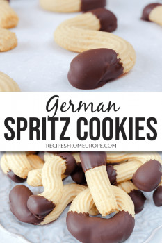 Photos of cookies with chocolate cover and text overlay saying German spritz cookies