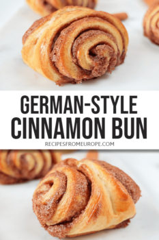 photo collage of Franzbrötchen on light surface with text overlay saying German-style cinnamon bun