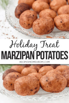 photo collage of marzipan potatoes on clear plate with text overlay saying holiday treat marzipan potatoes