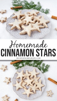 Star cookies on plate and white surface with cinnamon sticks and everygreen branch for decor and text overlay saying homemade cinnamon stars