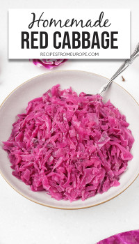 Red cabbage in bowl with fork and text overlay saying homemade red cabbage