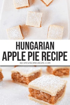 photo collage of apple pie squares with powdered sugar on top and text overlay saying Hungarian apple pie recipe