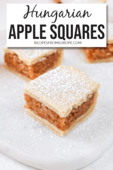 Photo of apple pie squares with powdered sugar on top and text overlay saying Hungarian apple squares