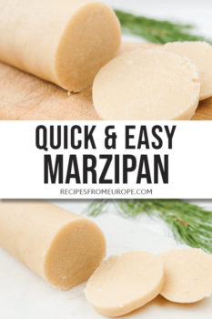 two photos of roll of marzipan on cutting board with text overlay saying quick and easy marzipan