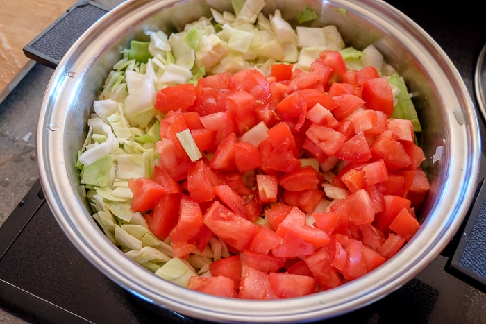 chopped tomatoes and cabbage in silver pot on stovetop