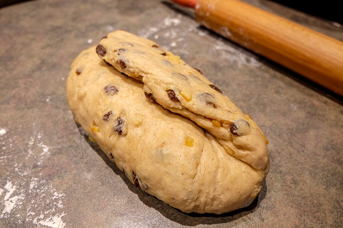 german stollen dough with top fold on counter