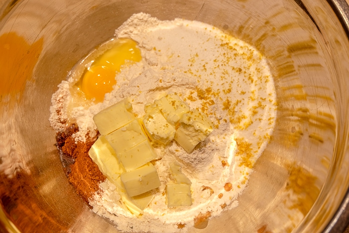mixing bowl with butter and other ingredients inside
