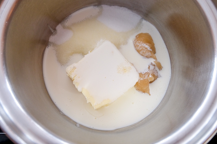 butter and wet ingredients in silver mixing bowl