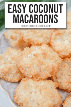 Photo of coconut macaroons on plate with text overlay saying easy coconut macaroons