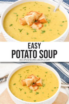 Two photos of creamy potato soup in white bowl with croutons on top and text overlay saying easy potato soup