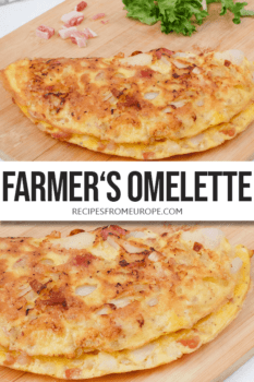 Photo collage of omelette on wooden cutting board with text overlay saying farmer's omelette