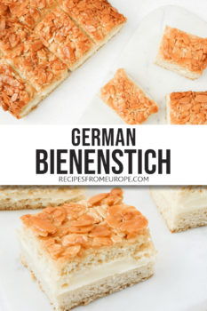 photo collage of slices of bee sting cake from side and top on marble platter with text overlay saying German Bienenstich